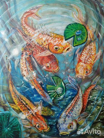 Картина маслом на холсте Карпы кои