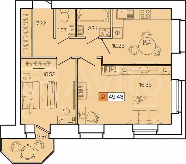 2-к. квартира, 49,4 м², 8/8 эт.