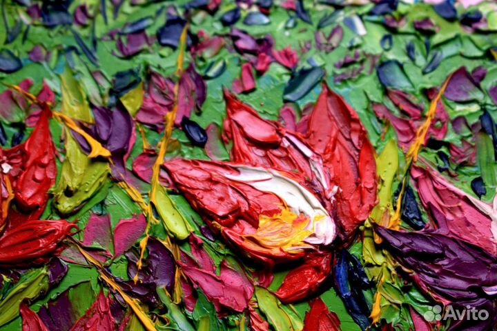 Картина маслом на холсте Красные тюльпаны импасто