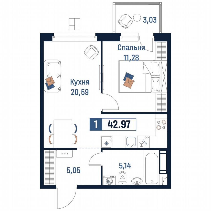 1-к. квартира, 43 м², 7/18 эт.