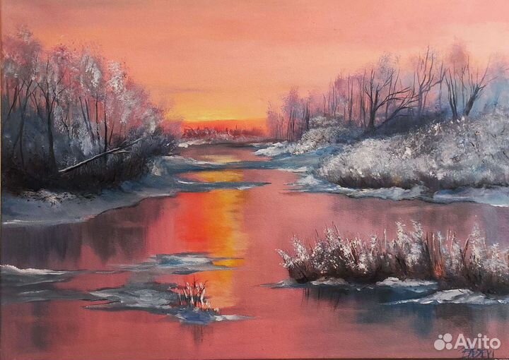 Картина зимний закат масло