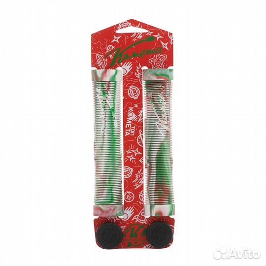 Грипсы самокат Комета Альфа Красно-бело-зелёные (+ заглушки) L160mm