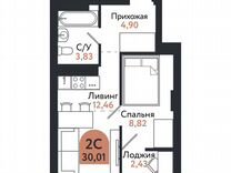 2-к. квартира, 30 м², 19/26 эт.