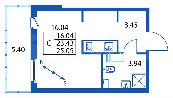 Квартира-студия, 25,1 м², 2/12 эт.