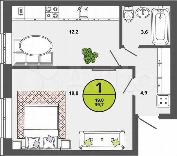 1-к. квартира, 39,7 м², 1/3 эт.