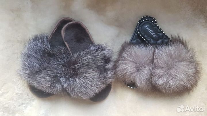 Шлепанцы женские с мехом песца уличные