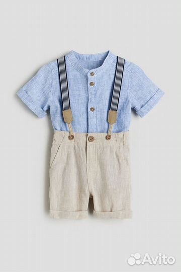 Комплект льняной hm рубашка шорты подтяжки 68-92