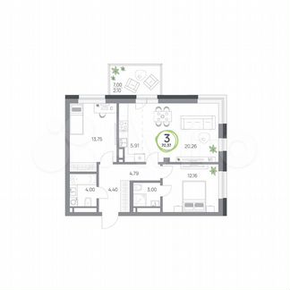 3-к. квартира, 70,4 м², 2/7 эт.