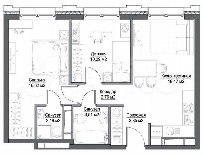 2-к. квартира, 57,7 м², 34/45 эт.