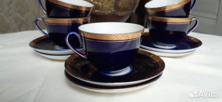 5 чайные пары Колосок лфз, кобальт с золотом