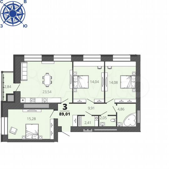 3-к. квартира, 89 м², 10/16 эт.