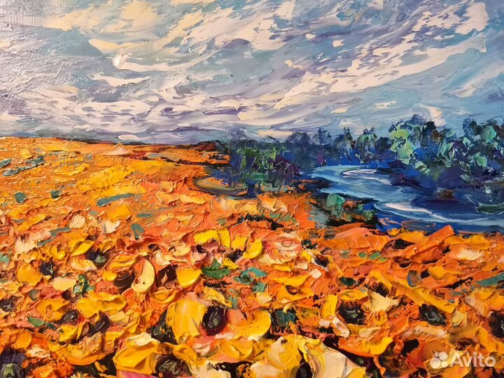 Пейзаж поле подсолнухи масло Художник цена переезд