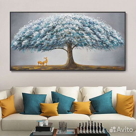 Картина маслом Пейзаж с деревом и оленем