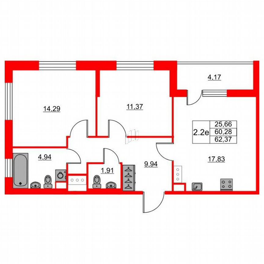 2-к. квартира, 60,3 м², 4/12 эт.