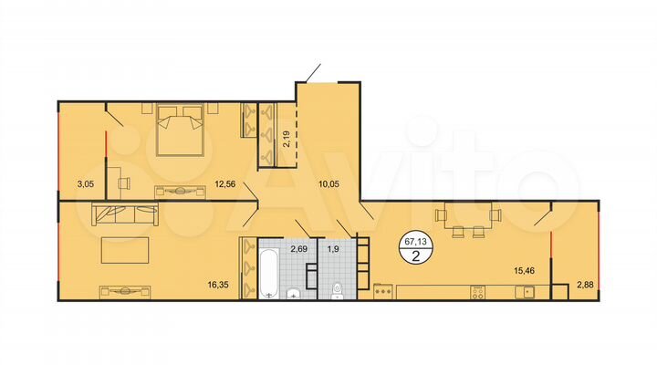 2-к. квартира, 67,1 м², 4/5 эт.