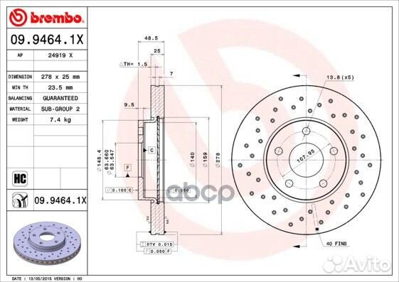 09.9464.1X диск тормозной передний перфорирова