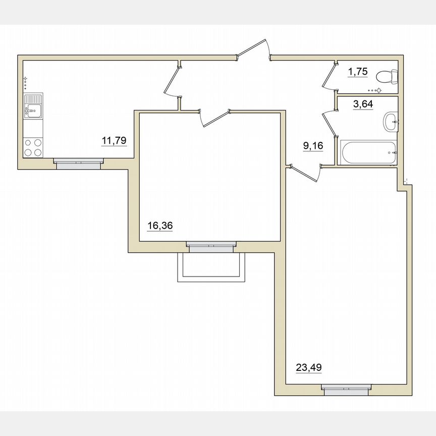 2-к. квартира, 66,2 м², 1/6 эт.