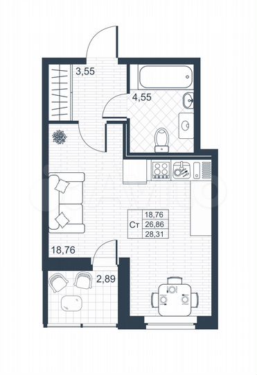 Квартира-студия, 28,3 м², 1/9 эт.
