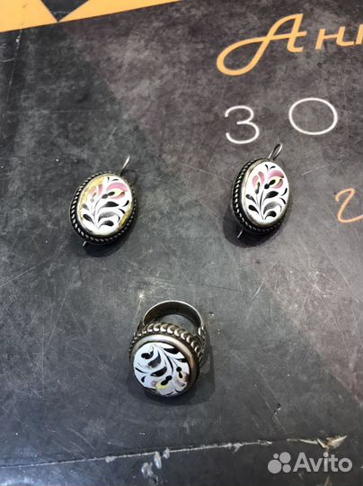 Комплект серьги кольцо серебро эмаль