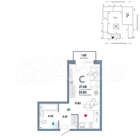 Квартира-студия, 27,7 м², 12/25 эт.