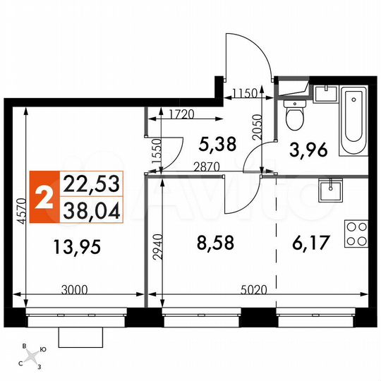 2-к. апартаменты, 38 м², 3/15 эт.