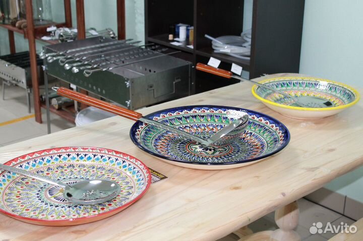 Шумовка и половник для казана с деревянной ручкой