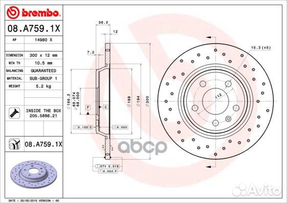 Диск тормозной задний 08.A759.1X 08A7591X Brembo