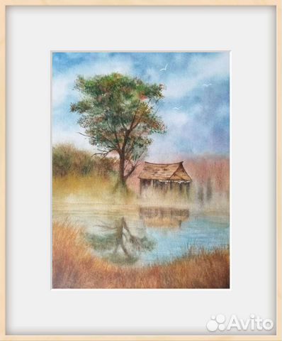 Домик на озере, акварель