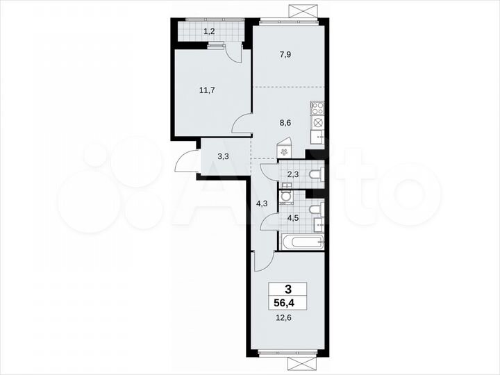 3-к. квартира, 56,4 м², 10/11 эт.