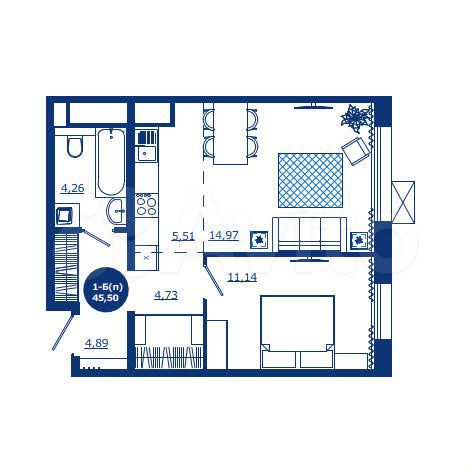 1-к. квартира, 45,5 м², 4/17 эт.