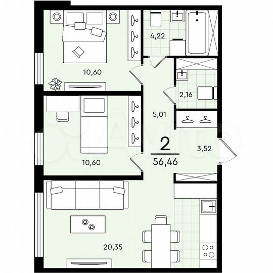 2-к. квартира, 56,5 м², 4/4 эт.