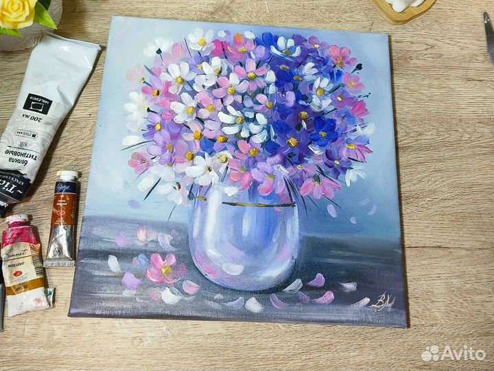 Картина с цветами маслом на холсте 30х30 см