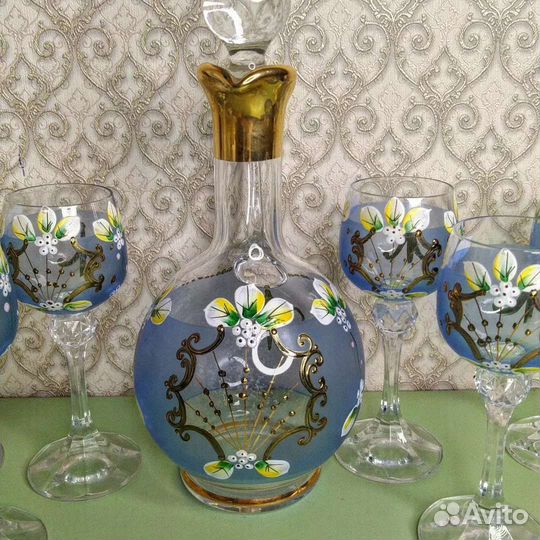 Цветной набор графин и 6 рюмок Богемия