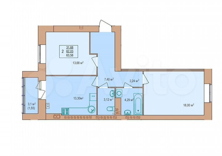 2-к. квартира, 63,6 м², 1/9 эт.
