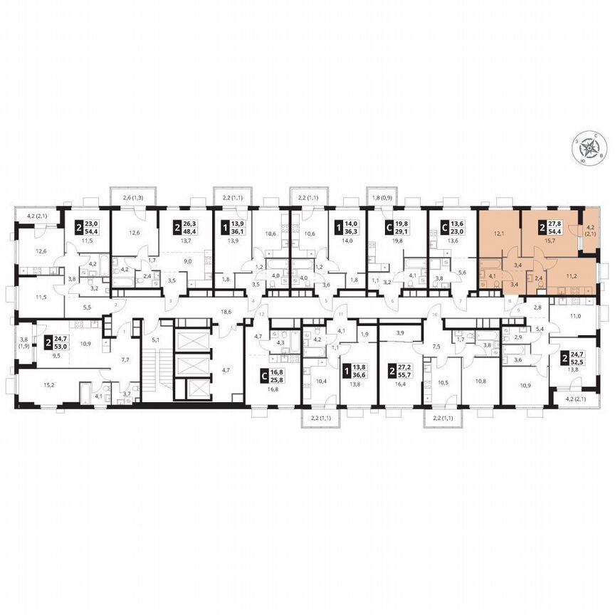 2-к. квартира, 54,4 м², 21/25 эт.