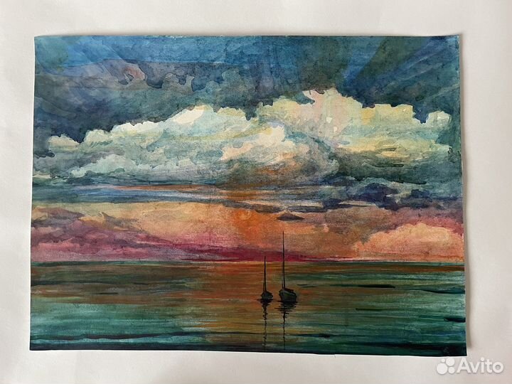 Картина акварель Морской пейзаж с лодками