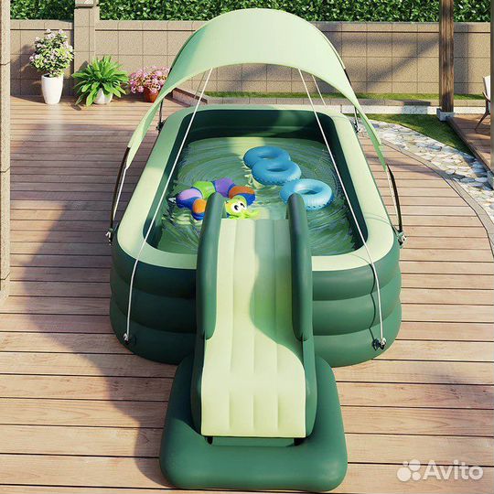 Надувной бассейн с горкой и солнцезащитным тентом