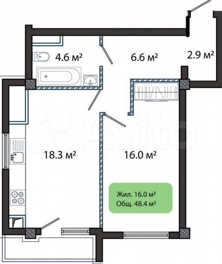 1-к. квартира, 48,4 м², 6/9 эт.