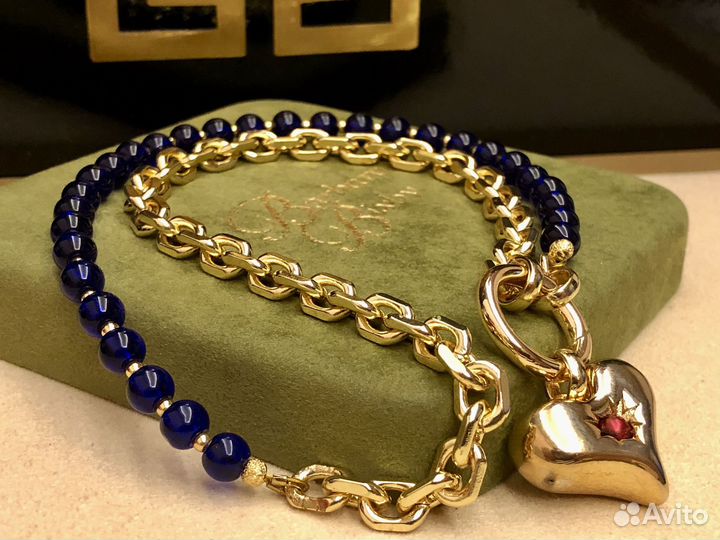 Колье с ярко- синей Presiosa сердцем позолота