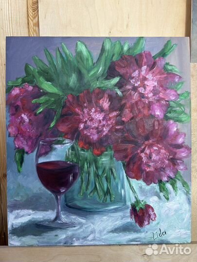 Картина масло букет пионов в вазе