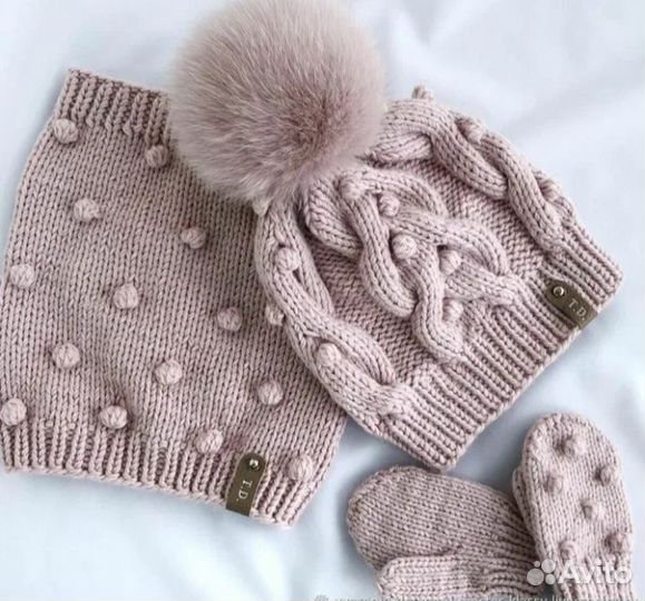 Шапка снуд варежки вязаный комплект ручной работы
