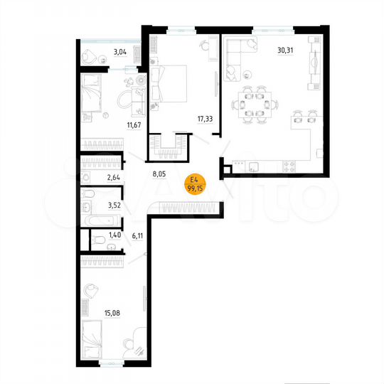 3-к. квартира, 99,2 м², 11/25 эт.