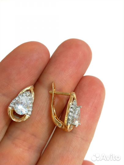 Серьги капельки, фианиты, покрытие золото