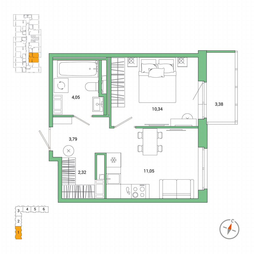 1-к. квартира, 32,6 м², 6/7 эт.