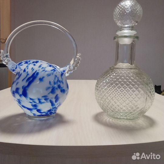 Ваза-корзинка цвет. стекло СССР и графин-мерзавчик