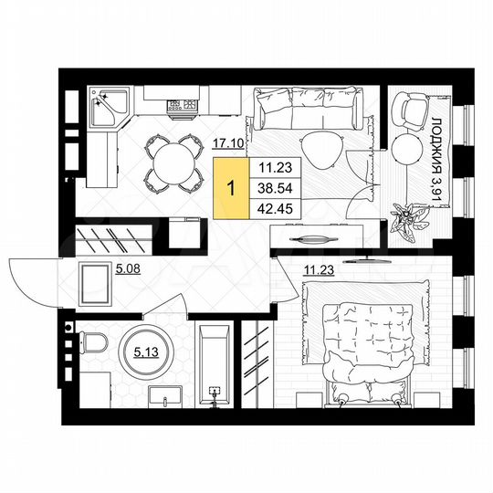 1-к. квартира, 42,5 м², 3/7 эт.