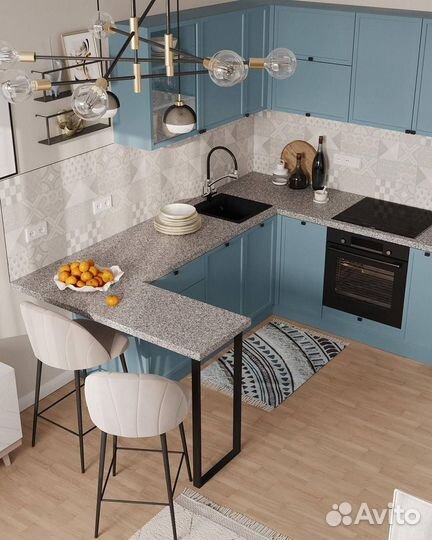 Кухня в голубом цвете с барной стойкой