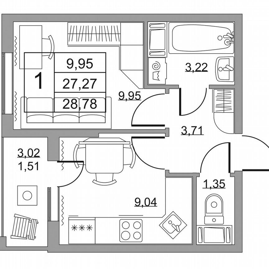 1-к. квартира, 28,8 м², 3/19 эт.