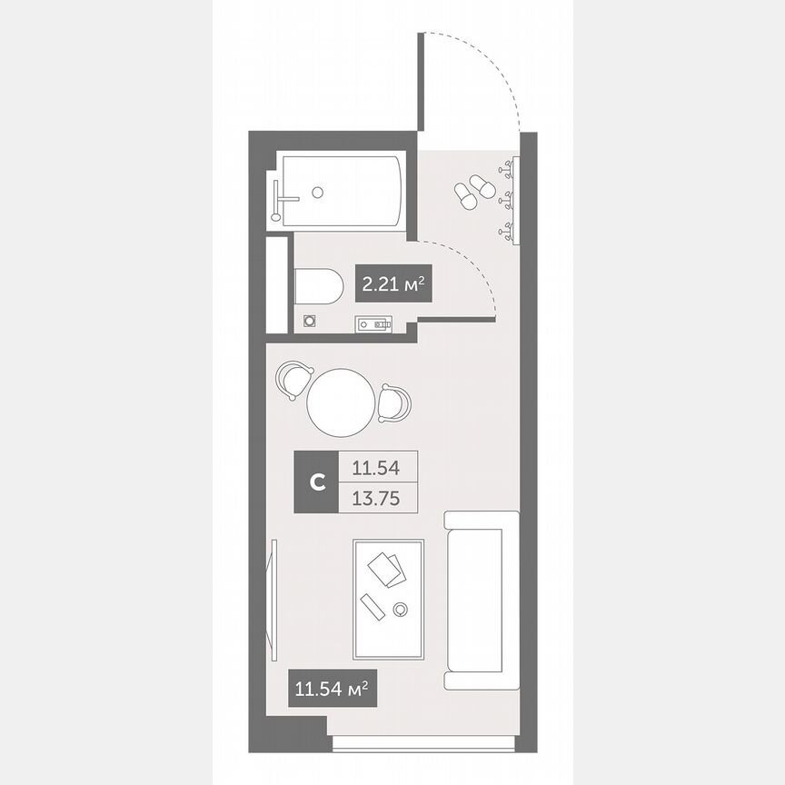 1-к. апартаменты, 13,8 м², 2/13 эт.