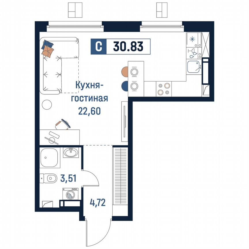 Квартира-студия, 30,8 м², 7/18 эт.